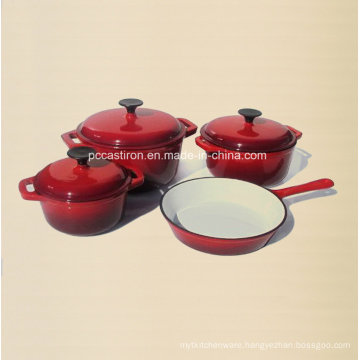 4PCS Cast Iron Cookware Set in Red Color with Enamel Finish